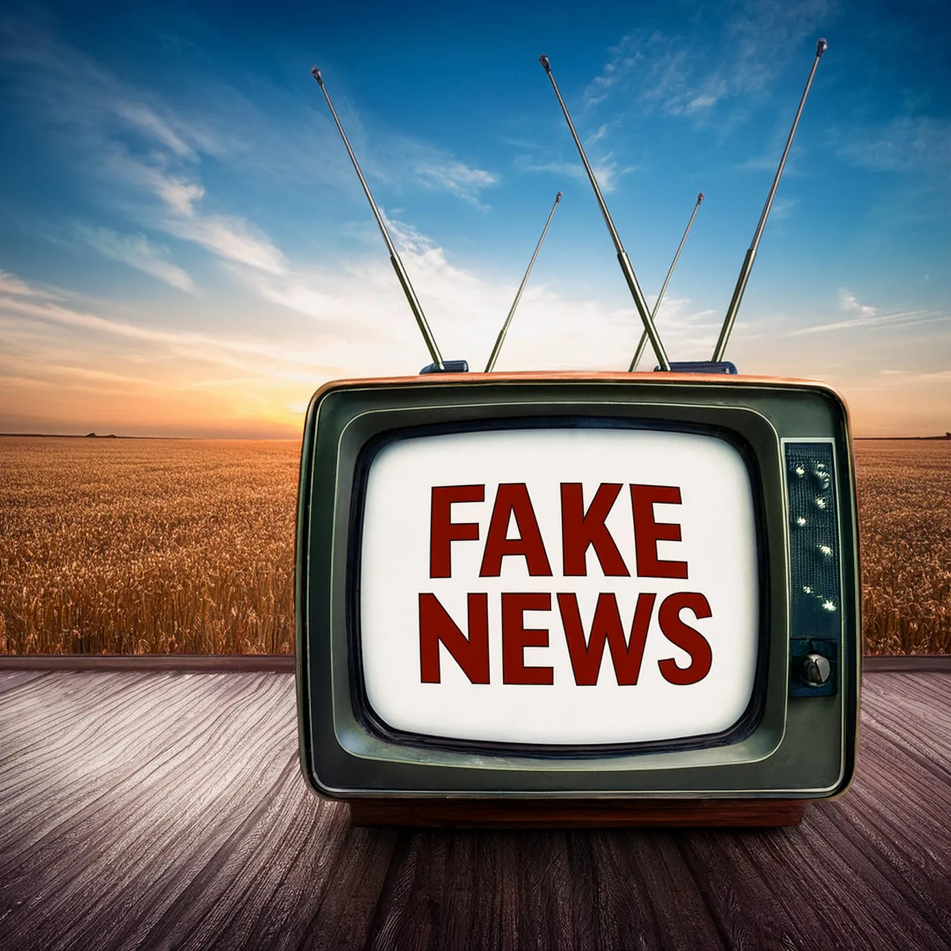 Télévision rétro affichant le message 'FAKE NEWS' sur son écran, posée sur une surface en bois avec un champ et un ciel au coucher du soleil en arrière-plan.