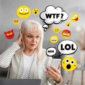 Grand mère qui ne comprend pas les émojis sur son smartphone.